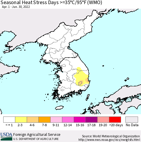 Korea Seasonal Heat Stress Days >=35°C/95°F (WMO) Thematic Map For 4/1/2022 - 6/30/2022