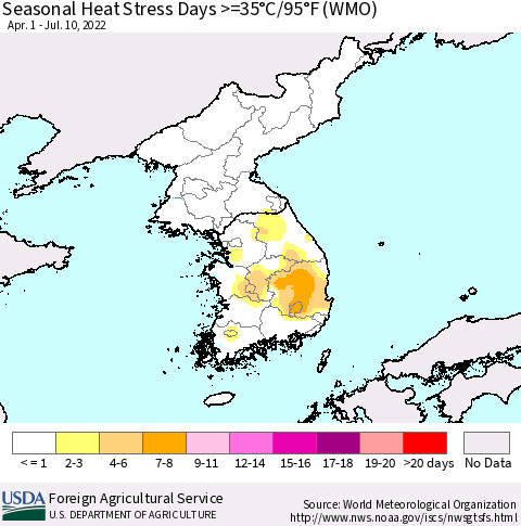 Korea Seasonal Heat Stress Days >=35°C/95°F (WMO) Thematic Map For 4/1/2022 - 7/10/2022
