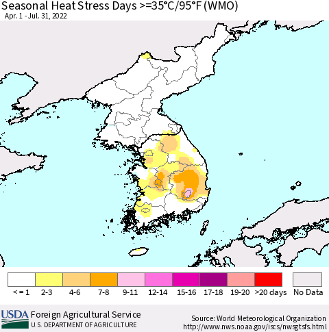 Korea Seasonal Heat Stress Days >=35°C/95°F (WMO) Thematic Map For 4/1/2022 - 7/31/2022