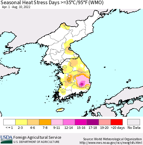 Korea Seasonal Heat Stress Days >=35°C/95°F (WMO) Thematic Map For 4/1/2022 - 8/10/2022