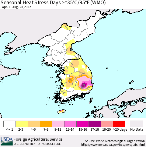 Korea Seasonal Heat Stress Days >=35°C/95°F (WMO) Thematic Map For 4/1/2022 - 8/20/2022