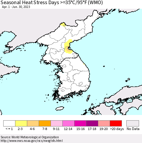 Korea Seasonal Heat Stress Days >=35°C/95°F (WMO) Thematic Map For 4/1/2023 - 6/30/2023