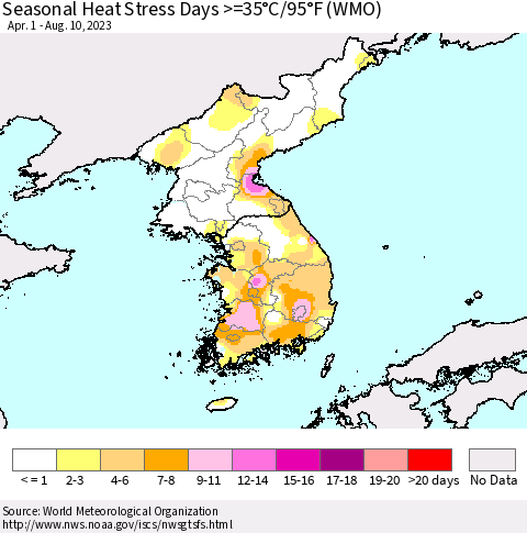 Korea Seasonal Heat Stress Days >=35°C/95°F (WMO) Thematic Map For 4/1/2023 - 8/10/2023
