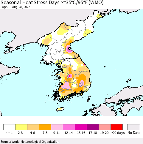 Korea Seasonal Heat Stress Days >=35°C/95°F (WMO) Thematic Map For 4/1/2023 - 8/31/2023