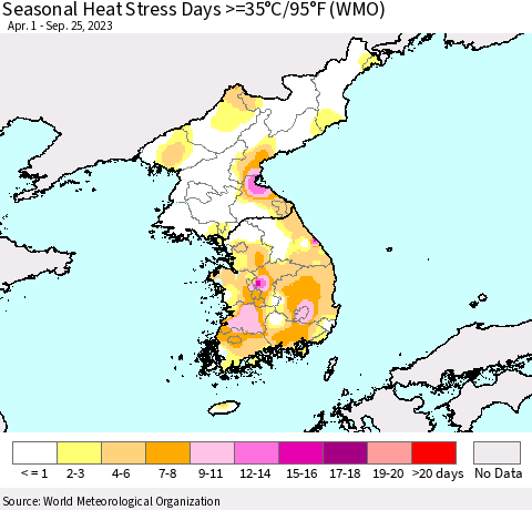 Korea Seasonal Heat Stress Days >=35°C/95°F (WMO) Thematic Map For 4/1/2023 - 9/25/2023