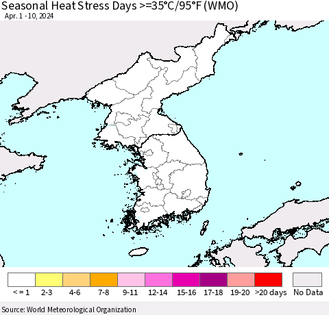 Korea Seasonal Heat Stress Days >=35°C/95°F (WMO) Thematic Map For 4/1/2024 - 4/10/2024