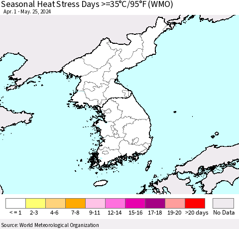 Korea Seasonal Heat Stress Days >=35°C/95°F (WMO) Thematic Map For 4/1/2024 - 5/25/2024
