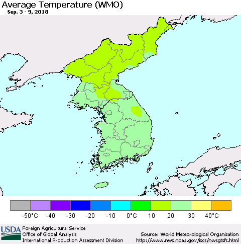 Korea Average Temperature (WMO) Thematic Map For 9/3/2018 - 9/9/2018