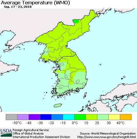 Korea Average Temperature (WMO) Thematic Map For 9/17/2018 - 9/23/2018