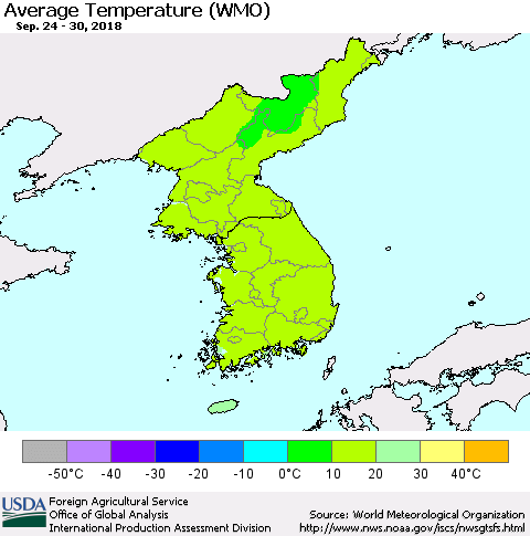 Korea Average Temperature (WMO) Thematic Map For 9/24/2018 - 9/30/2018