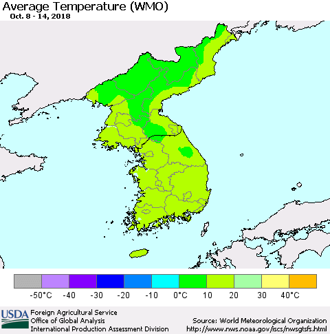 Korea Average Temperature (WMO) Thematic Map For 10/8/2018 - 10/14/2018