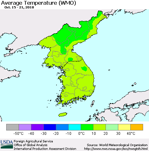 Korea Average Temperature (WMO) Thematic Map For 10/15/2018 - 10/21/2018