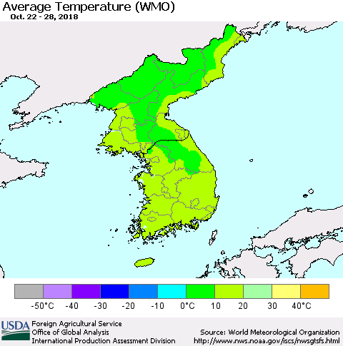 Korea Average Temperature (WMO) Thematic Map For 10/22/2018 - 10/28/2018