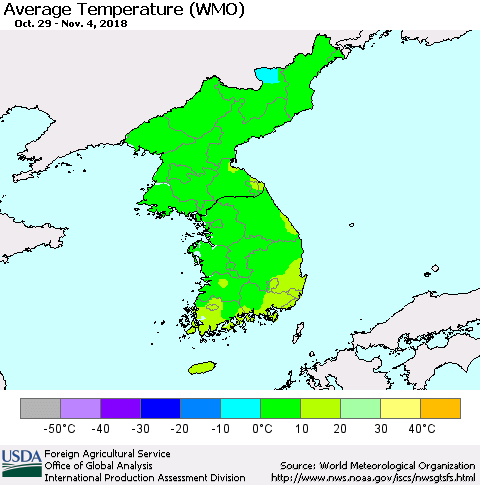 Korea Average Temperature (WMO) Thematic Map For 10/29/2018 - 11/4/2018