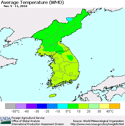 Korea Average Temperature (WMO) Thematic Map For 11/5/2018 - 11/11/2018