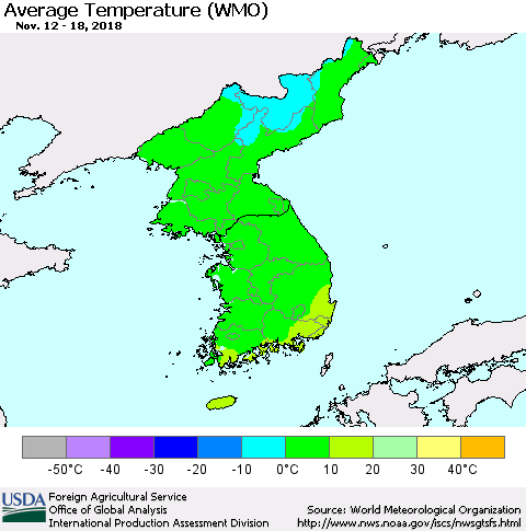 Korea Average Temperature (WMO) Thematic Map For 11/12/2018 - 11/18/2018