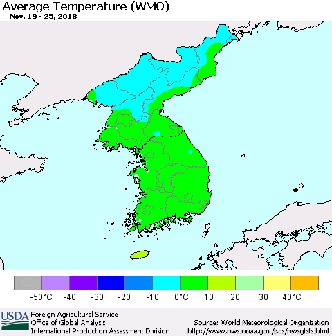 Korea Average Temperature (WMO) Thematic Map For 11/19/2018 - 11/25/2018