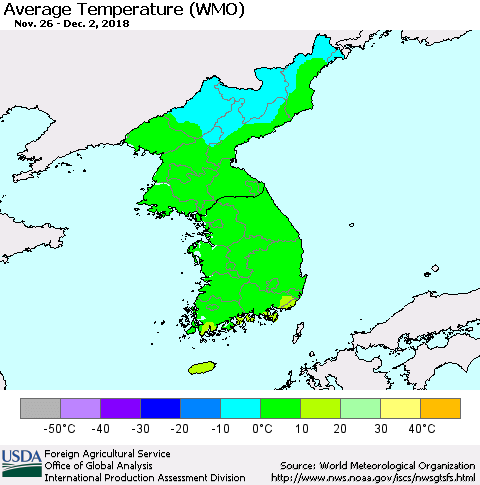 Korea Average Temperature (WMO) Thematic Map For 11/26/2018 - 12/2/2018
