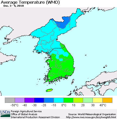 Korea Average Temperature (WMO) Thematic Map For 12/3/2018 - 12/9/2018
