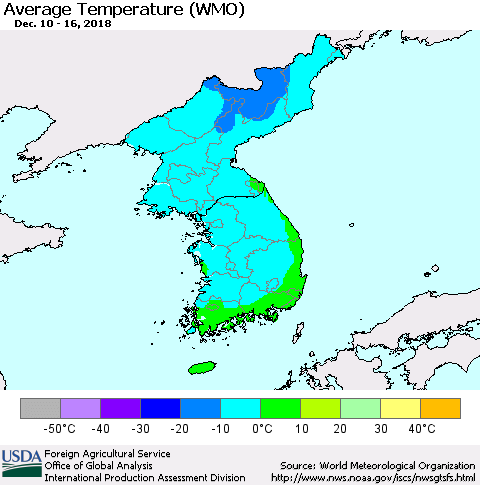 Korea Average Temperature (WMO) Thematic Map For 12/10/2018 - 12/16/2018