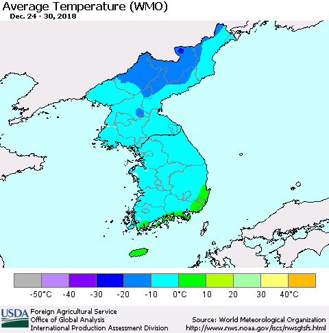 Korea Average Temperature (WMO) Thematic Map For 12/24/2018 - 12/30/2018