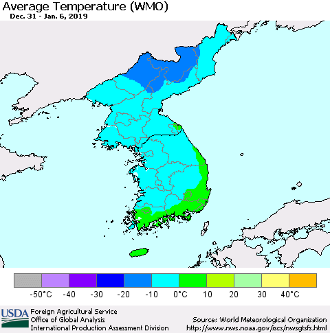 Korea Average Temperature (WMO) Thematic Map For 12/31/2018 - 1/6/2019