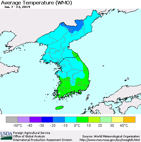 Korea Average Temperature (WMO) Thematic Map For 1/7/2019 - 1/13/2019