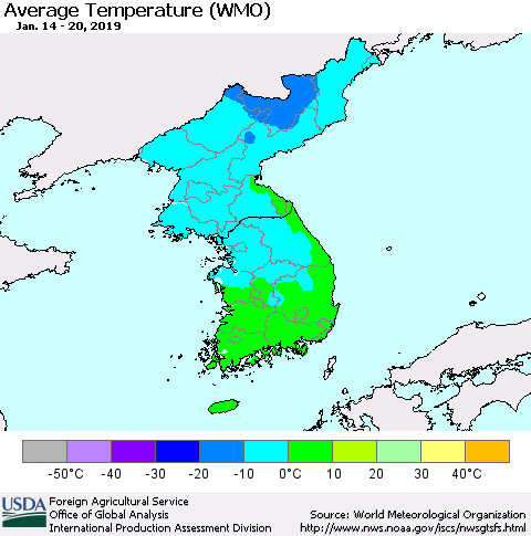 Korea Average Temperature (WMO) Thematic Map For 1/14/2019 - 1/20/2019