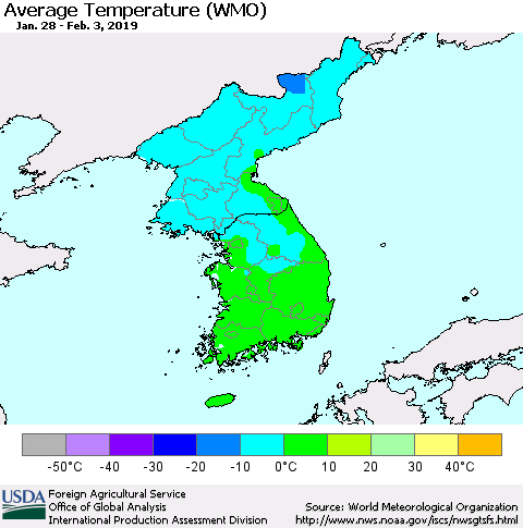 Korea Average Temperature (WMO) Thematic Map For 1/28/2019 - 2/3/2019