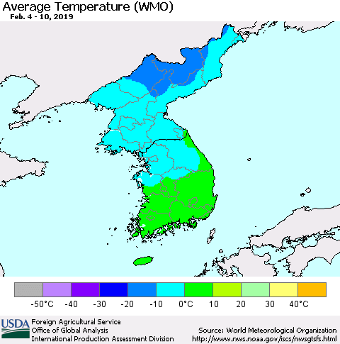 Korea Average Temperature (WMO) Thematic Map For 2/4/2019 - 2/10/2019