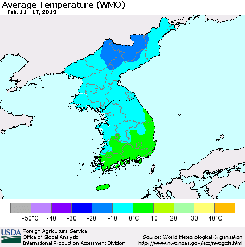 Korea Average Temperature (WMO) Thematic Map For 2/11/2019 - 2/17/2019