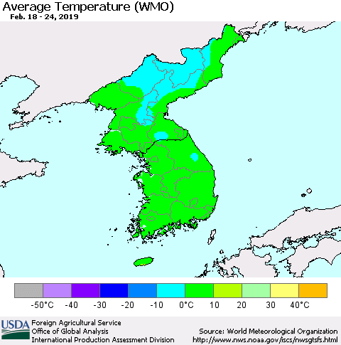 Korea Average Temperature (WMO) Thematic Map For 2/18/2019 - 2/24/2019
