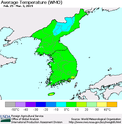 Korea Average Temperature (WMO) Thematic Map For 2/25/2019 - 3/3/2019