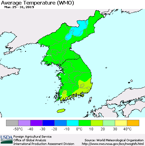 Korea Average Temperature (WMO) Thematic Map For 3/25/2019 - 3/31/2019
