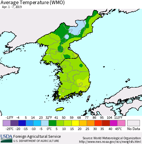 Korea Average Temperature (WMO) Thematic Map For 4/1/2019 - 4/7/2019