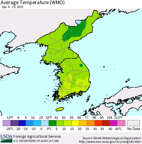 Korea Average Temperature (WMO) Thematic Map For 4/8/2019 - 4/14/2019