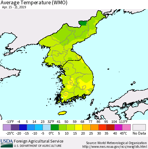 Korea Average Temperature (WMO) Thematic Map For 4/15/2019 - 4/21/2019