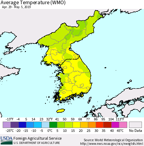 Korea Average Temperature (WMO) Thematic Map For 4/29/2019 - 5/5/2019