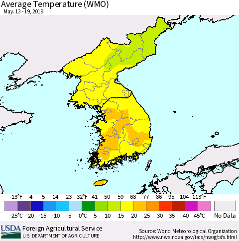 Korea Average Temperature (WMO) Thematic Map For 5/13/2019 - 5/19/2019
