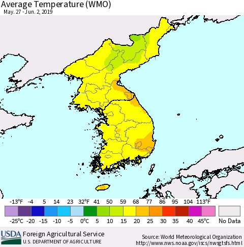 Korea Average Temperature (WMO) Thematic Map For 5/27/2019 - 6/2/2019