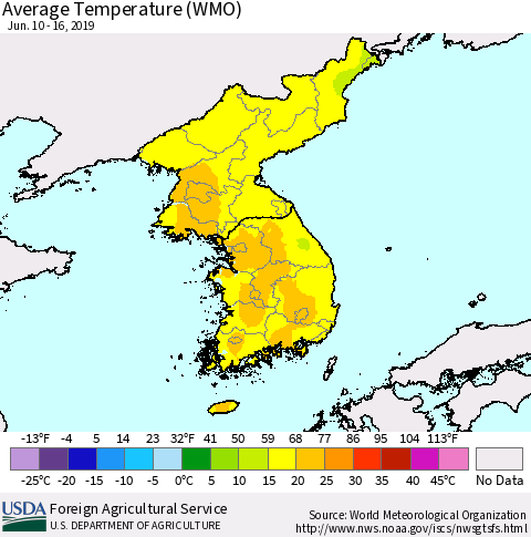 Korea Average Temperature (WMO) Thematic Map For 6/10/2019 - 6/16/2019