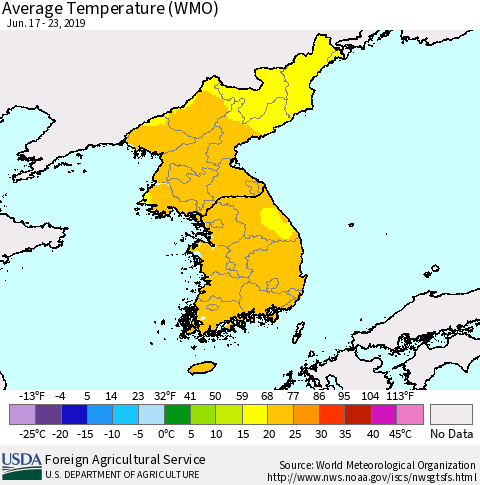 Korea Average Temperature (WMO) Thematic Map For 6/17/2019 - 6/23/2019
