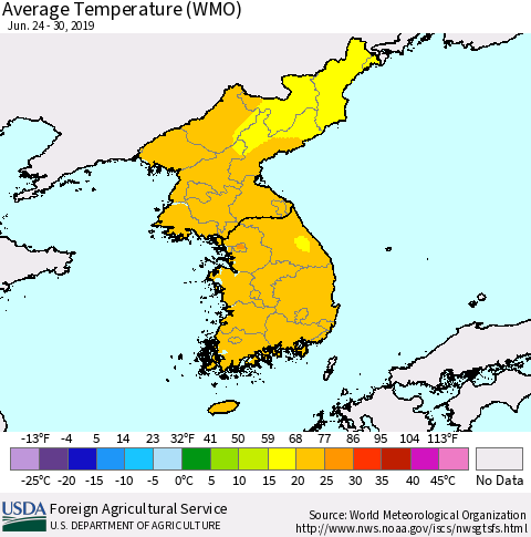 Korea Average Temperature (WMO) Thematic Map For 6/24/2019 - 6/30/2019