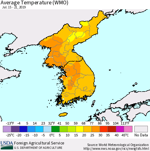 Korea Average Temperature (WMO) Thematic Map For 7/15/2019 - 7/21/2019