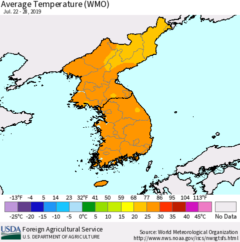 Korea Average Temperature (WMO) Thematic Map For 7/22/2019 - 7/28/2019