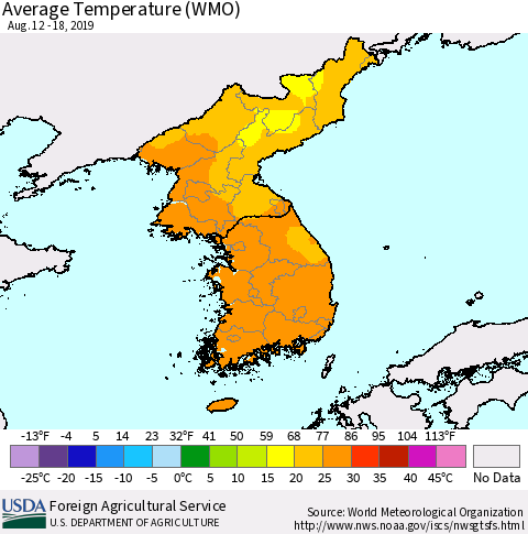 Korea Average Temperature (WMO) Thematic Map For 8/12/2019 - 8/18/2019
