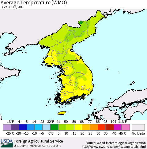 Korea Average Temperature (WMO) Thematic Map For 10/7/2019 - 10/13/2019