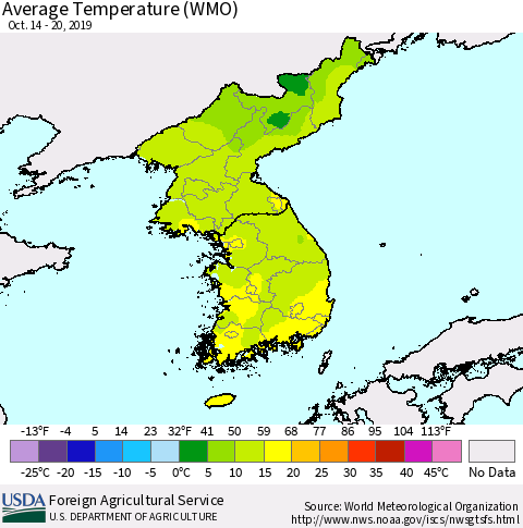Korea Average Temperature (WMO) Thematic Map For 10/14/2019 - 10/20/2019