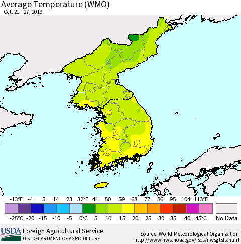 Korea Average Temperature (WMO) Thematic Map For 10/21/2019 - 10/27/2019