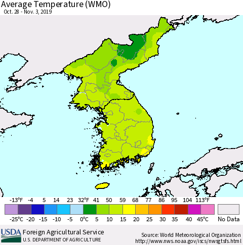 Korea Average Temperature (WMO) Thematic Map For 10/28/2019 - 11/3/2019